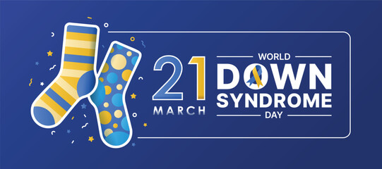 World down syndrome day, 21 march - Text in white frame and Blue and yellow socks on dark blue background vector design