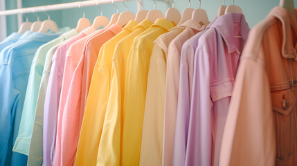 Collection of pastel colored women clothes hanging on rack in dressing room. generative ai 