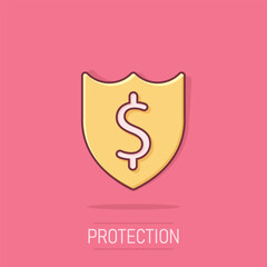 Shield with money icon in comic style. Cash protection cartoon vector illustration on isolated background. Banking splash effect business concept.