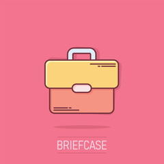 Briefcase icon in comic style. Businessman bag cartoon vector illustration on isolated background. Portfolio splash effect business concept.