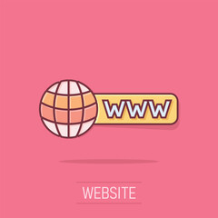 Global search icon in comic style. Website address cartoon vector illustration on isolated background. WWW network splash effect business concept.