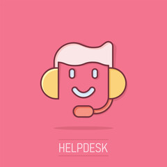 Helpdesk icon in comic style. Headphone cartoon vector illustration on isolated background. Chat operator splash effect business concept.