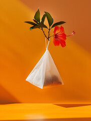 Teabag with red hibiscus flower hanging on an orange background, in the style of conceptual sculpture. Minimal spring background. Product photo