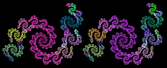 Alternating colorful spirals create waves against a black background. Abstract fractal pattern. 3D rendering. 3D illustration.