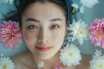 Obraz na płótnie Canvas young Asian woman in a bathtub with floating flowers woman's beauty and wellness concept