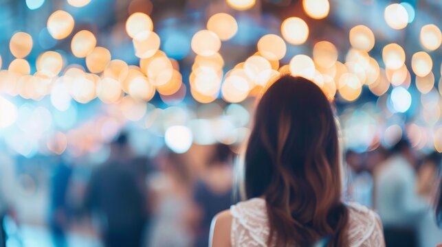 A team of event planners organizing a large event, blurred background