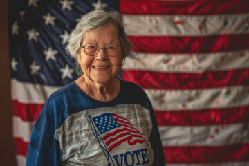 A senior female USA American election voter portrait in front of American flag - obrazy, fototapety, plakaty