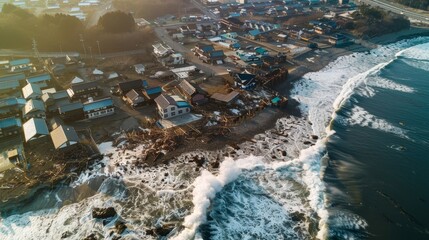 A tsunami hit a small seaside town  - obrazy, fototapety, plakaty