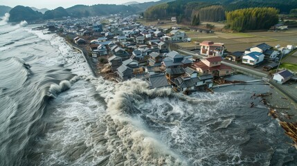 A tsunami hit a small seaside town  - obrazy, fototapety, plakaty