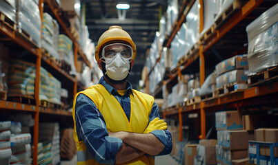 man Worker of modern factory or distribution warehouse wearing respirator - obrazy, fototapety, plakaty