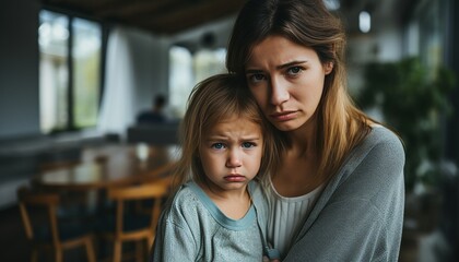 Sad mother and daughter looking at camera in kitchen with copy space on blurred background
