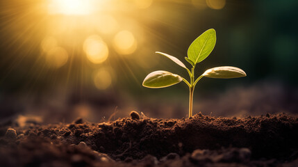 Young plants are sprouting in the soil as daylight breaks. Earth day, New beginnings, World environment day, Ecology, Green business, Net Zero, Finance and saving money for sustainability investment. - obrazy, fototapety, plakaty