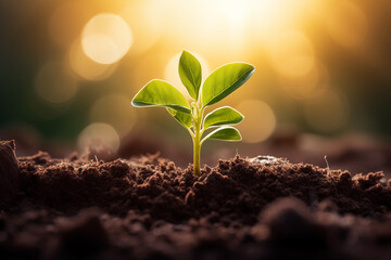 With the morning light, seedlings are beginning to grow from the soil. Earth day, World environment day, Ecology, Green business, Finance and saving money for sustainability investment.
