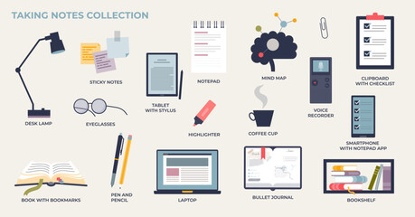 Taking notes and writing work or study memos to remember tiny collection set. Elements about reminders, business plan or sticky notes for important or urgent task time management vector illustration. - obrazy, fototapety, plakaty