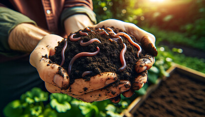 a person's hands holding rich, dark soil teeming with healthy earthworms - obrazy, fototapety, plakaty
