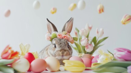 Naklejka na ściany i meble Place for text. Easter bunny in a hat of flowers, around fresh flowers and Easter eggs for the Easter holiday on a white background. Easter card, Easter background, banner