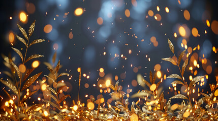 Golden Christmas background with bokeh lights. Copy space