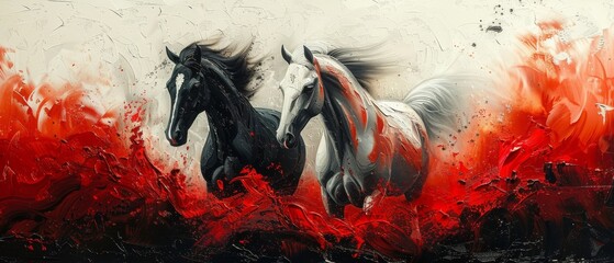 Obraz premium A modern painting, abstract, with metal elements, a texture background, animals, horses,...