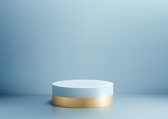 Luxurious 3D podium mockup. Featuring a blue and gold design on a soft blue background