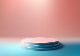 3D round blue and pink podium three steps sits on a pink and blue background, minimal style