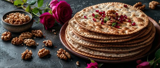 Traditional ritual Jewish bread on a sand color old concrete background. Pesach Jewish holiday. Nuts and matzah.