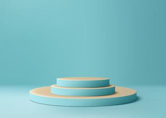 Blue 3D podium with three circular tiers on a blue background
