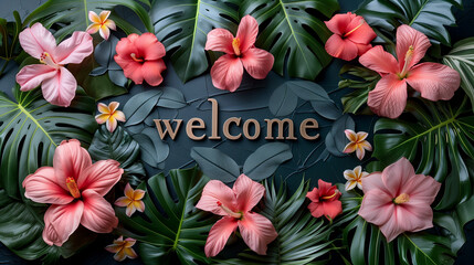 Summer background with tropical leaves, flowers and hibiscus flowers. welcome concept