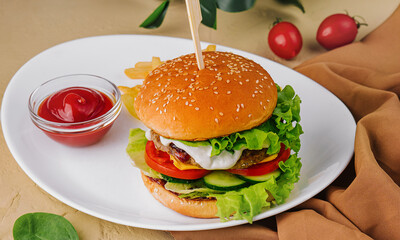 Delicious hamburger with French fries and ketchup