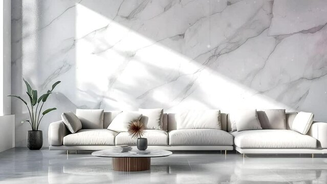 Modern minimalist living room with sofa and white marble walls