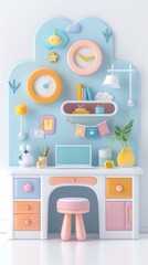 A desk with a laptop and a clock on it