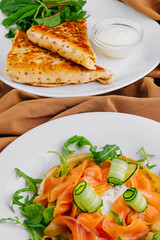 Homemade Pancakes with Salmon on plate