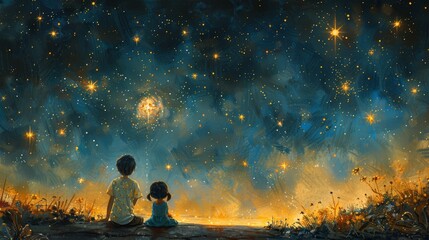 In this cute scene, two children sit together on the roof watching the stars. The boy and girl make a wish when they see a shooting star.