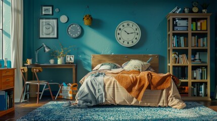 A bedroom with blue walls and a wooden bed