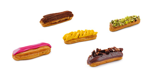 five different eclairs isolated on white background