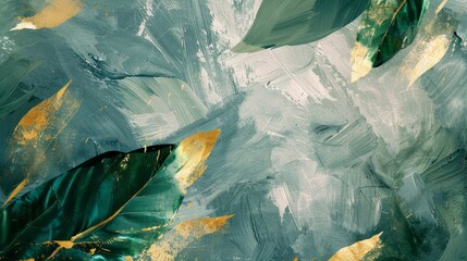 Decorative abstract background. Golden brushstrokes. Textured background. Oil on canvas. Modern art. Floral leaves, green, gray, wallpaper, poster, card, mural, carpet, hanging, print.