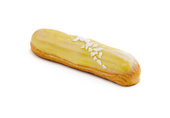 Delicious eclair with custard isolated on white