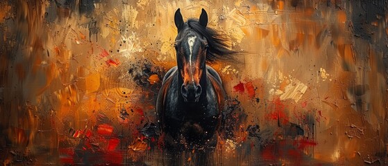 Painter of contemporary abstract paintings, with metal elements, background texture, animals, horses.