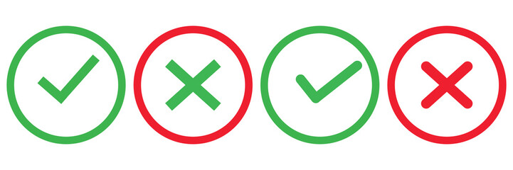 Checkmark x mark icon. Green checkmark and red x sign. Correct error vector symbol isolated on white background. Vote checkmark in circle and square box.