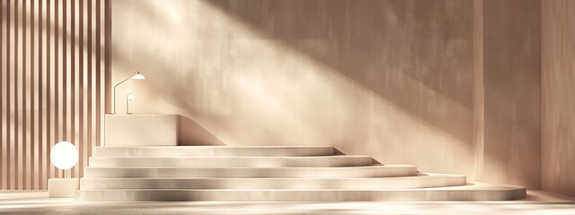 Cream podium with stair interior. Wall with sunlight and shadow. Beige empty pedestal. AI generate - obrazy, fototapety, plakaty