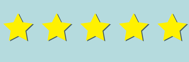 Five star icon. 5 Stars level vector sign. Yellow star good rank status symbol. Best rating gold service isolated on white background