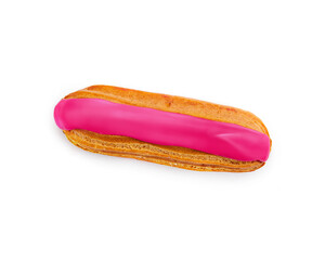 Eclair dessert with pink icing on white