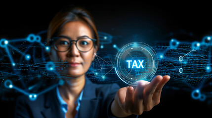 Businesswoman on blurred background using digital tax globe hologram
