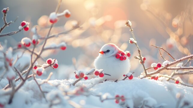 a small white bird sitting on top of a snow covered branch with red berries on it's back end.