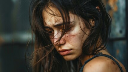 A young woman with a bruised face looking down, tears streaming down her cheeks