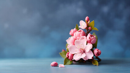 Beautiful pink Sakura or cherry blossom flower in the angle of elevation over blue sky background -...