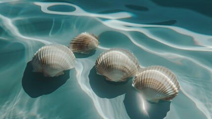 Obraz na płótnie Canvas Three seashells gracefully float in a pool of water, creating a serene and delightful summer scene