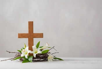 Crown of thorns, wooden cross and white lily on table. Copy space. Christianity religion symbols. Concept of good Friday and Easter. Copy space. Ai generation