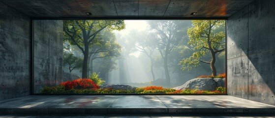 The 3D render shows an empty concrete room with a large window in the background and nature in the foreground.