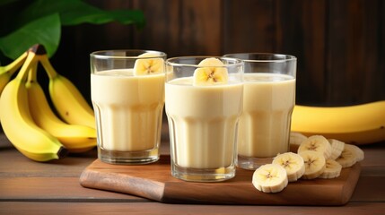 A smoothie made from a ripe banana on a table background. A refreshing refreshing drink, a delicious snack and breakfast. A healthy organic drink. Proper nutrition and diet.