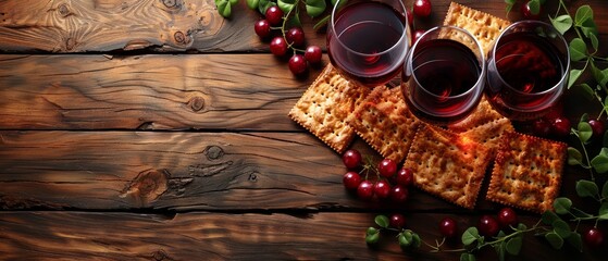 The top view of the Pesach background shows wine and matzah on the wooden background, with Happy Passover lettering. - obrazy, fototapety, plakaty